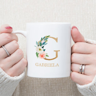 Monogram Gold Letter G   Floral Pink White Green Coffee Mug