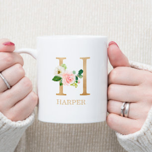 Monogram Gold Letter H   Floral Pink White Green Coffee Mug