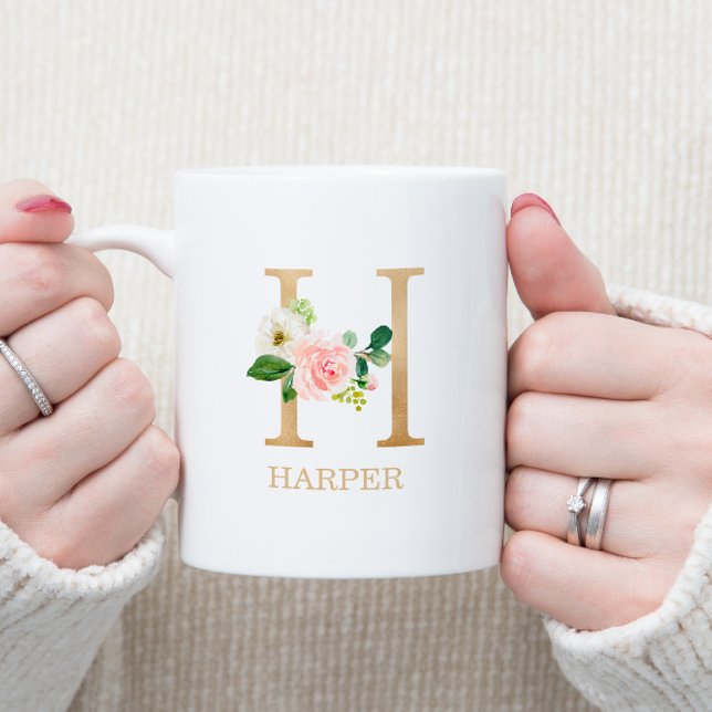 Monogram Gold Letter H | Floral Pink White Green Coffee Mug (Creator Uploaded)