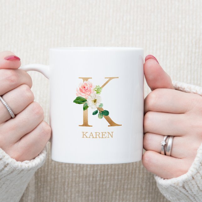 Monogram Gold Letter K | Floral Pink White Green Coffee Mug (Creator Uploaded)