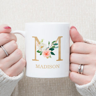 Monogram Gold Letter M   Floral Pink White Green Coffee Mug