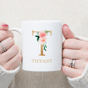 Monogram Gold Letter T   Floral Pink White Green Coffee Mug
