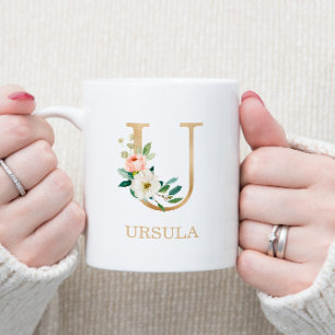 Monogram Gold Letter U   Floral Pink White Green Coffee Mug