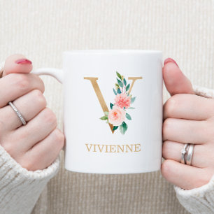 Monogram Gold Letter V   Floral Pink White Green Coffee Mug