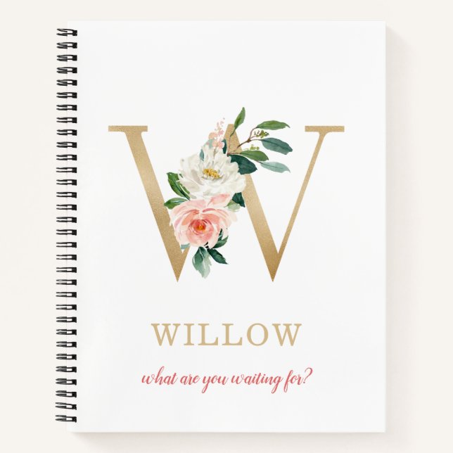 Monogram Gold Letter W | Floral Motto or quote Notebook (Front)