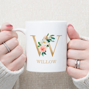 Monogram Gold Letter W   Floral Pink White Green Coffee Mug