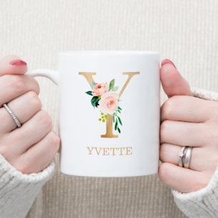 Monogram Gold Letter Y   Floral Pink White Green Coffee Mug