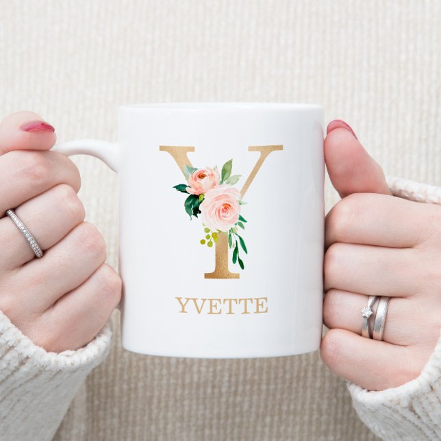 Monogram Gold Letter Y | Floral Pink White Green Coffee Mug (Creator Uploaded)