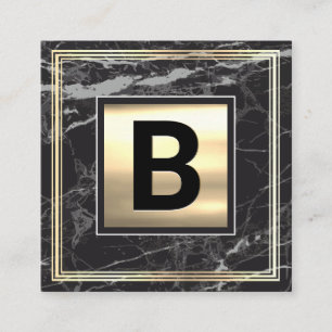 Monogram Gold Metal Gold Frame Black Marble Square Business Card