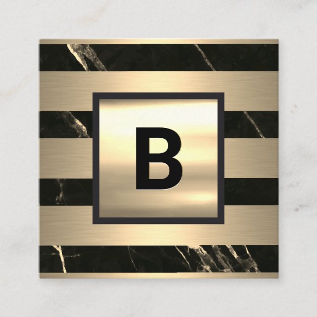 Monogram | Gold Metal Stripes | Black Gold Marble Square Business Card (Front)