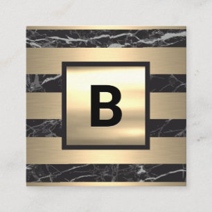 Monogram   Gold Metal Stripes   Black Marble Square Business Card