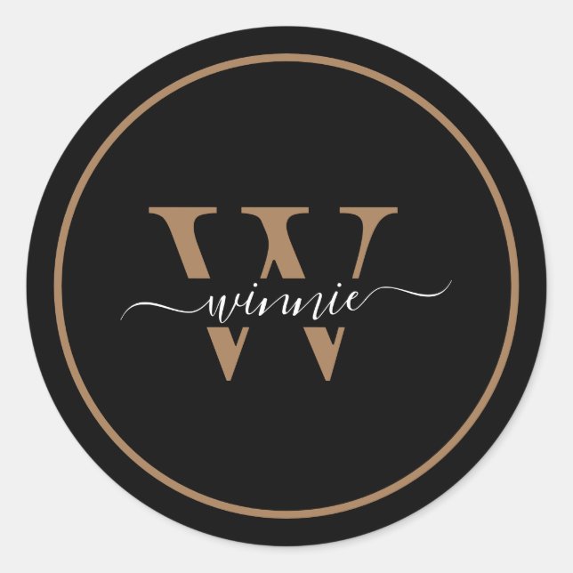 Monogram Gold Minimal Elegant Black Script Name  Classic Round Sticker (Front)