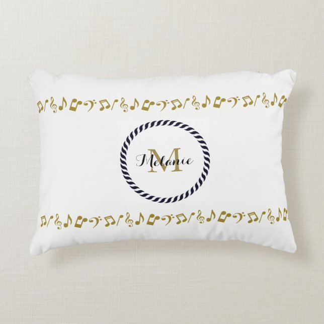 Monogram Gold Music Notes Decorative Cushion (Front)