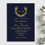 Monogram Gold Navy White Wedding Invitation<br><div class="desc">Beautiful gold faux foil rustic antlers with the bride and groom's monogram initials placed in the centre. There is elegant gold wedding script on a chic navy blue background. The back of the card is in elegant white.  Easily add your custom details.</div>