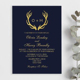 Monogram Gold Navy White Wedding Invitation