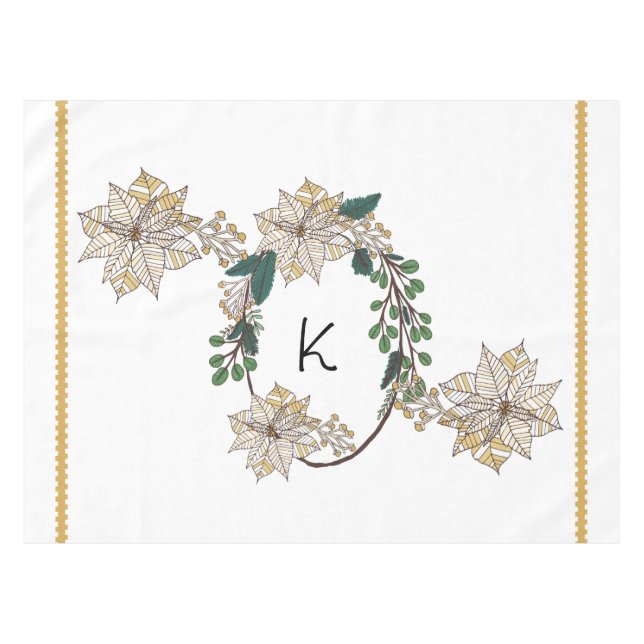 Monogram Gold Pointsettia Holiday Tablecloth (Front (Horizontal))
