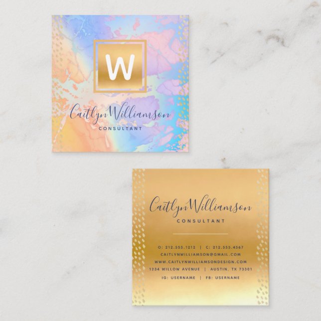 Monogram gold purple blue watercolor marble script square business card (Front/Back)