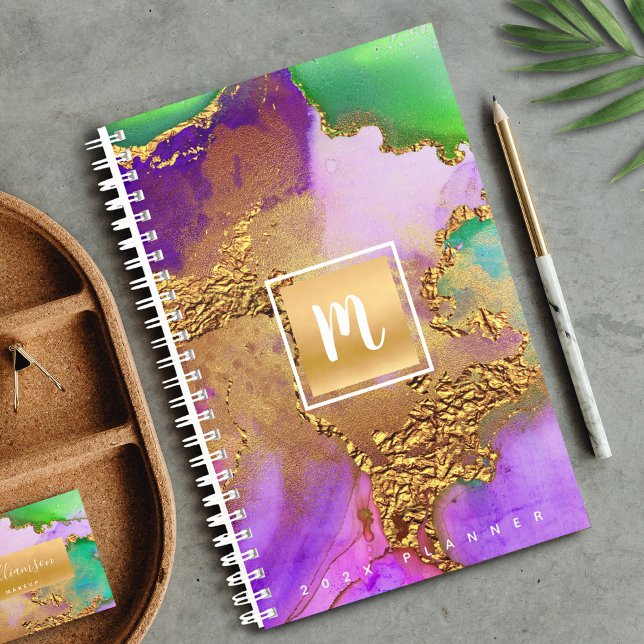 Monogram gold purple green agate watercolor chic planner (Creator Uploaded)