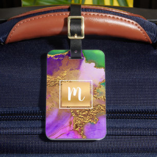 Monogram gold purple green aqua marble abstract luggage tag