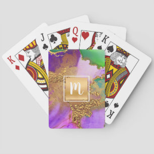 Monogram gold purple green marble watercolor bold  playing cards