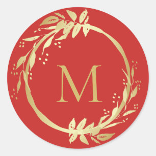 Monogram Gold Red Christmas Wreath Envelope Seal