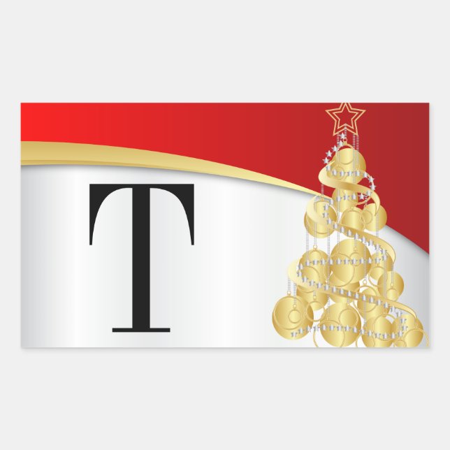 Monogram Gold & Red Merry Christmas Rectangular Sticker (Front)