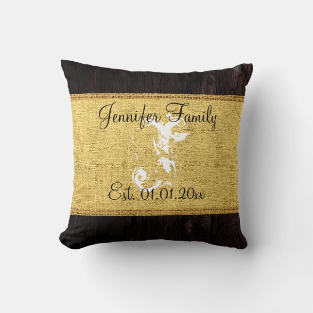 Monogram Gold Rustic Burlap Linen Wood Look Cushion (Front)