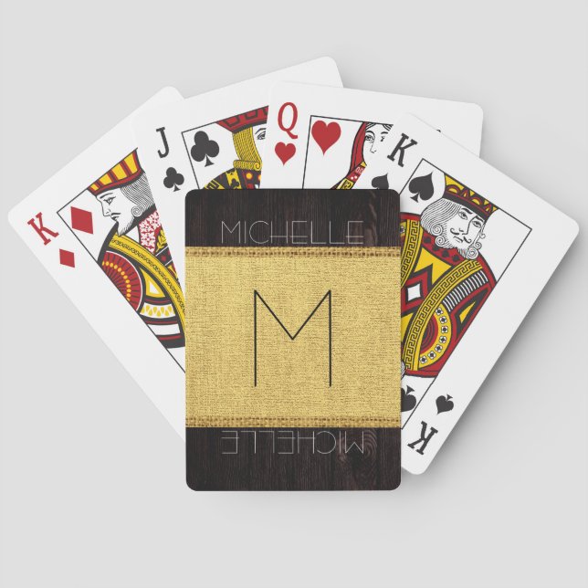 Monogram Gold Rustic Burlap Wood Look Playing Cards (Back)