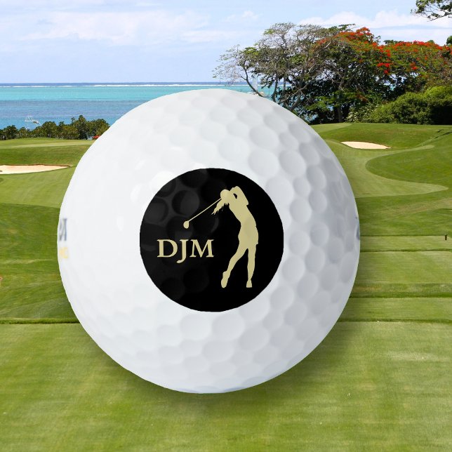 Monogram Gold Silhouette Female Golfer Golf Balls (Creator Uploaded)