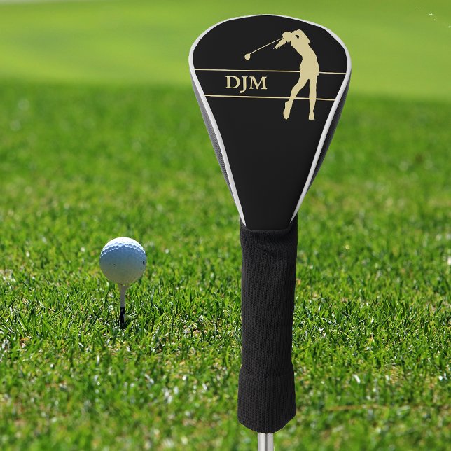 Monogram Gold Silhouette Female Golfer Golf Head Cover (Creator Uploaded)