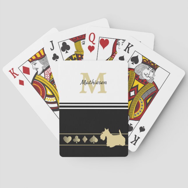Monogram Gold Silhouette Scottish Terrier Playing Cards (Back)