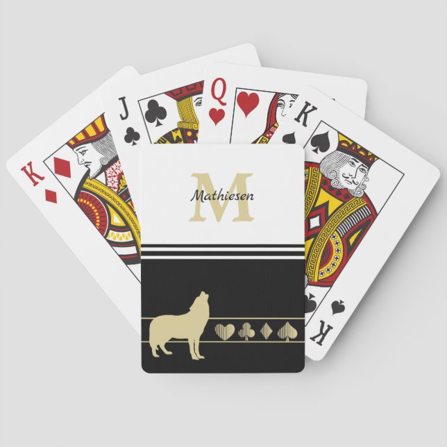 Monogram Gold Silhouette Wolf Playing Cards (Back)