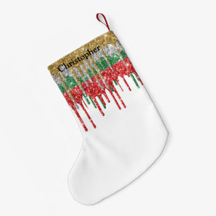 Monogram Gold Silver Red Green Glitter Drips Small Christmas Stocking