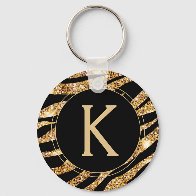 Monogram Gold Sparkle Zebra Stripe Key Ring (Front)