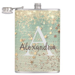 Monogram Gold Stars on Sea Green  Flask