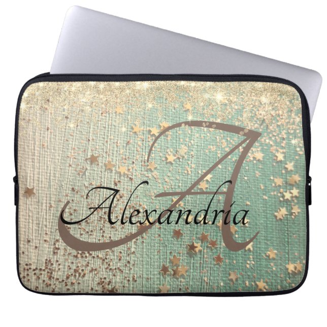 Monogram Gold Stars on Sea Green           Laptop Sleeve (Front)
