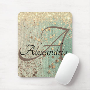 Monogram Gold Stars on Sea Green Mouse Pad
