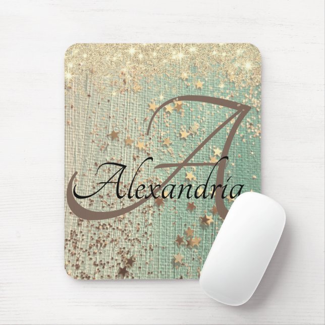 Monogram Gold Stars on Sea Green  Mouse Pad (With Mouse)