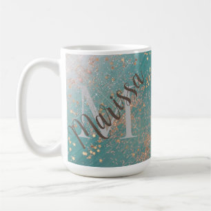 Monogram Gold Stars on Teal Coffee Mug
