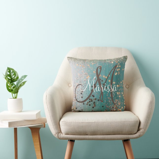 Monogram Gold Stars on Teal   Cushion (Chair)