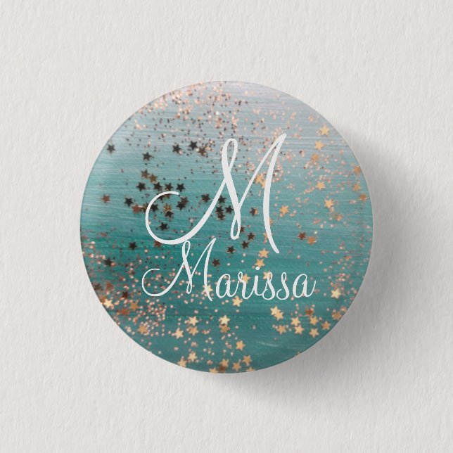 Monogram Gold Stars on Teal Glitter             3 Cm Round Badge (Front)