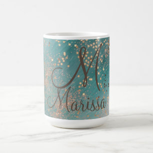 Monogram Gold Stars on Teal  Glitter Coffee Mug