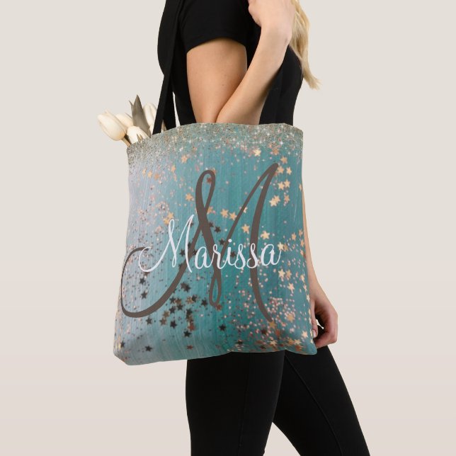 Monogram Gold Stars on Teal Glitter Tote Bag (Close Up)