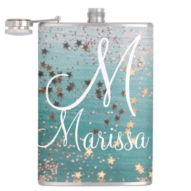Monogram Gold Stars on Teal            Hip Flask (Opened)