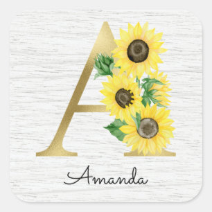 Monogram Gold Sunflower Girly Floral Initial A Square Sticker