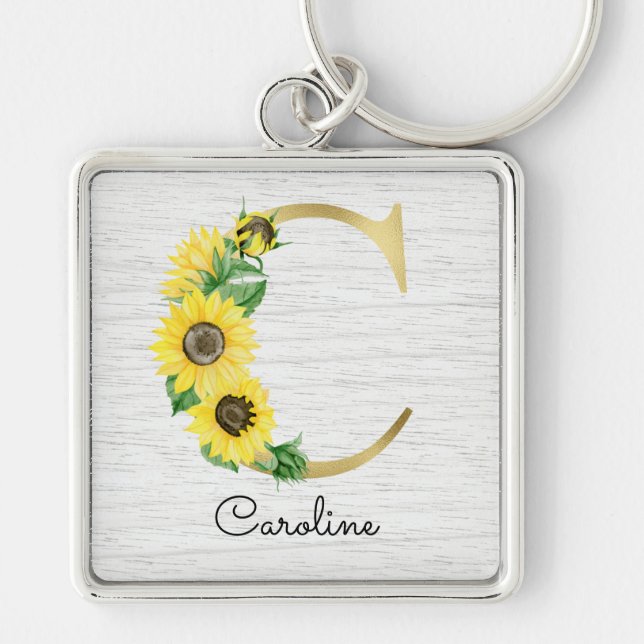 Monogram Gold Sunflower Girly Floral Initial C Key Ring (Front)