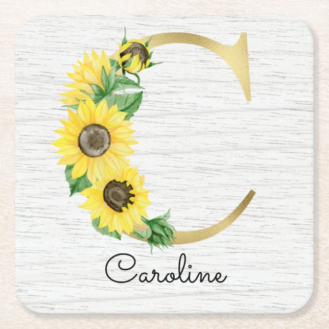 Monogram Gold Sunflower Girly Floral Initial C Square Paper Coaster (Front)