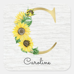 Monogram Gold Sunflower Girly Floral Initial C Square Sticker