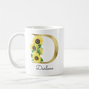 Monogram Gold Sunflower Girly Floral Initial D Coffee Mug