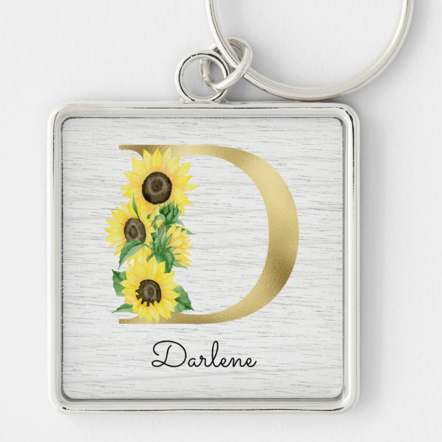 Monogram Gold Sunflower Girly Floral Initial D Key Ring (Front)